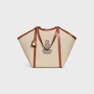 Bolso Cabas grande de tejido con bordado de anclas y piel de becerro