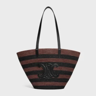 Bolso Couffin CELINE Classic Panier en rafia a rayas y piel de becerro
