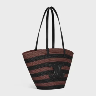 Bolso Couffin CELINE Classic Panier en rafia a rayas y piel de becerro
