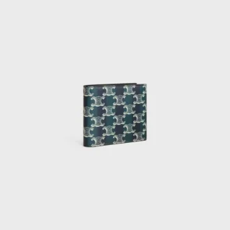 Cartera plegable en dos en Triomphe Canvas a rayas y piel de becerro