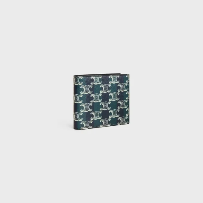 Cartera plegable en dos en Triomphe Canvas a rayas y piel de becerro