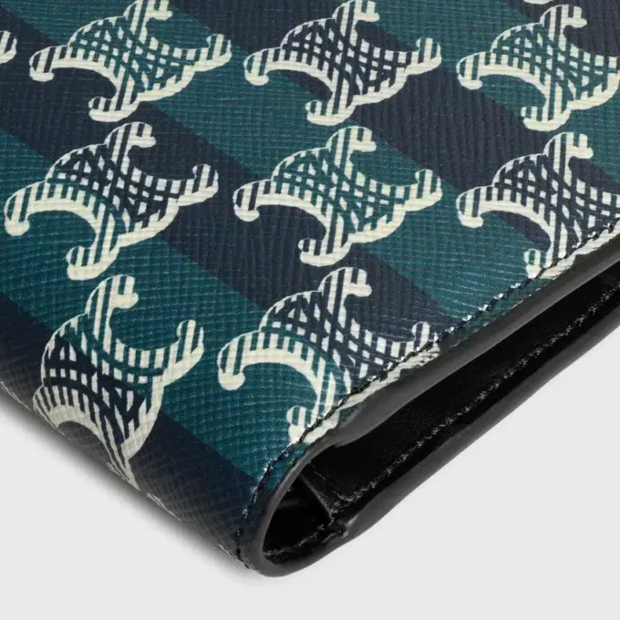 Cartera plegable en dos en Triomphe Canvas a rayas y piel de becerro