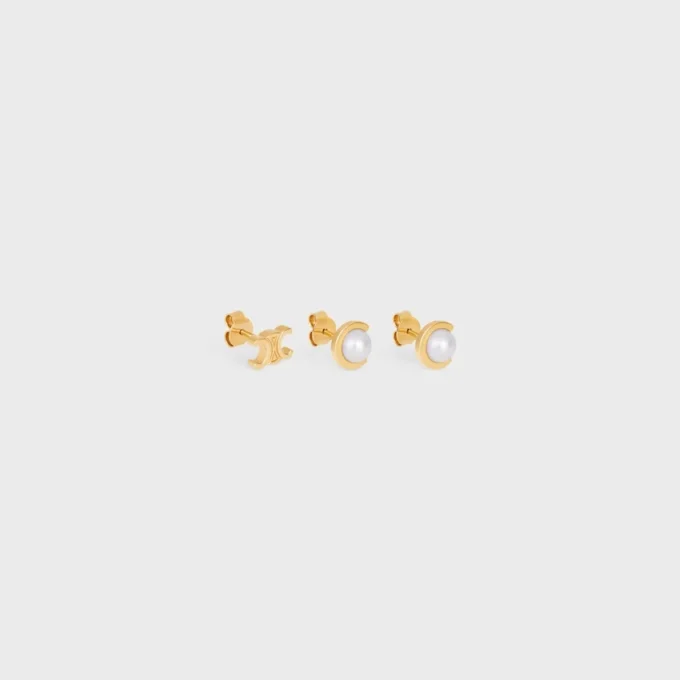 Les Perles CELINE: juego de 3 pendientes de perlas de resina y latón con acabado dorado Les Perles CELINE: juego de 3 pendientes de perlas de resina y latón con acabado dorado