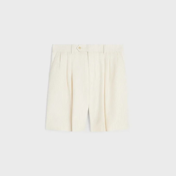 Pantalones cortos Masculin con triple pliegue en lana a rayas Pantalones cortos Masculin con triple pliegue en lana a rayas