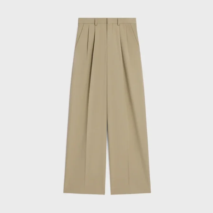 Pantalones plisados de gabardina de algodón y lana Pantalones plisados de gabardina de algodón y lana